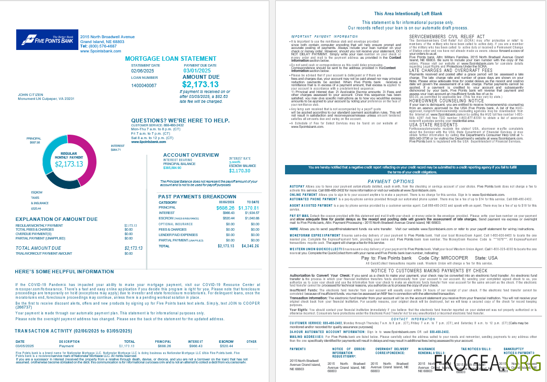 États , Unis Nebraska Five Points Bank Relevé de prêt hypothécaire aux formats Word et PDF, 4 pages 1, 2